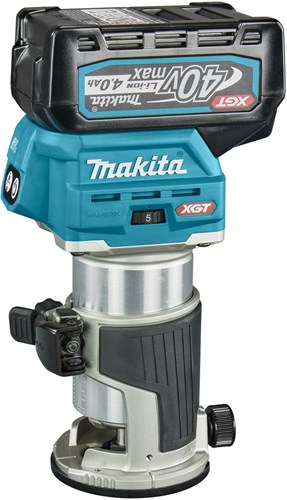 Makita rt001gm205 Ober- und Kantenfräser | 40 V max. | 2 x 4,0 Ah Akku + Schnellladegerät | inkl. verschiedene Füße | in der Mbox rt001gm205