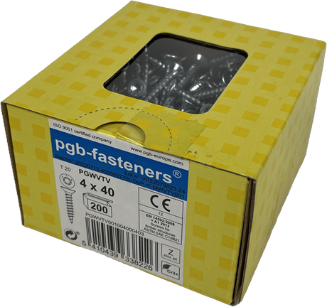 Pgb-europe pgb-fasteners universele spaanplaatschroef vk-t voldraad verzonken kop ø4,0x40 zn tx20 | 200 st | pgwvtv001004000403