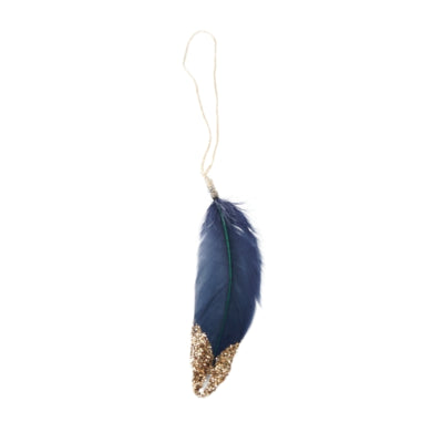 Ngk Anhänger Feder blau mit Goldglitter 14 cm | 26 Stück
