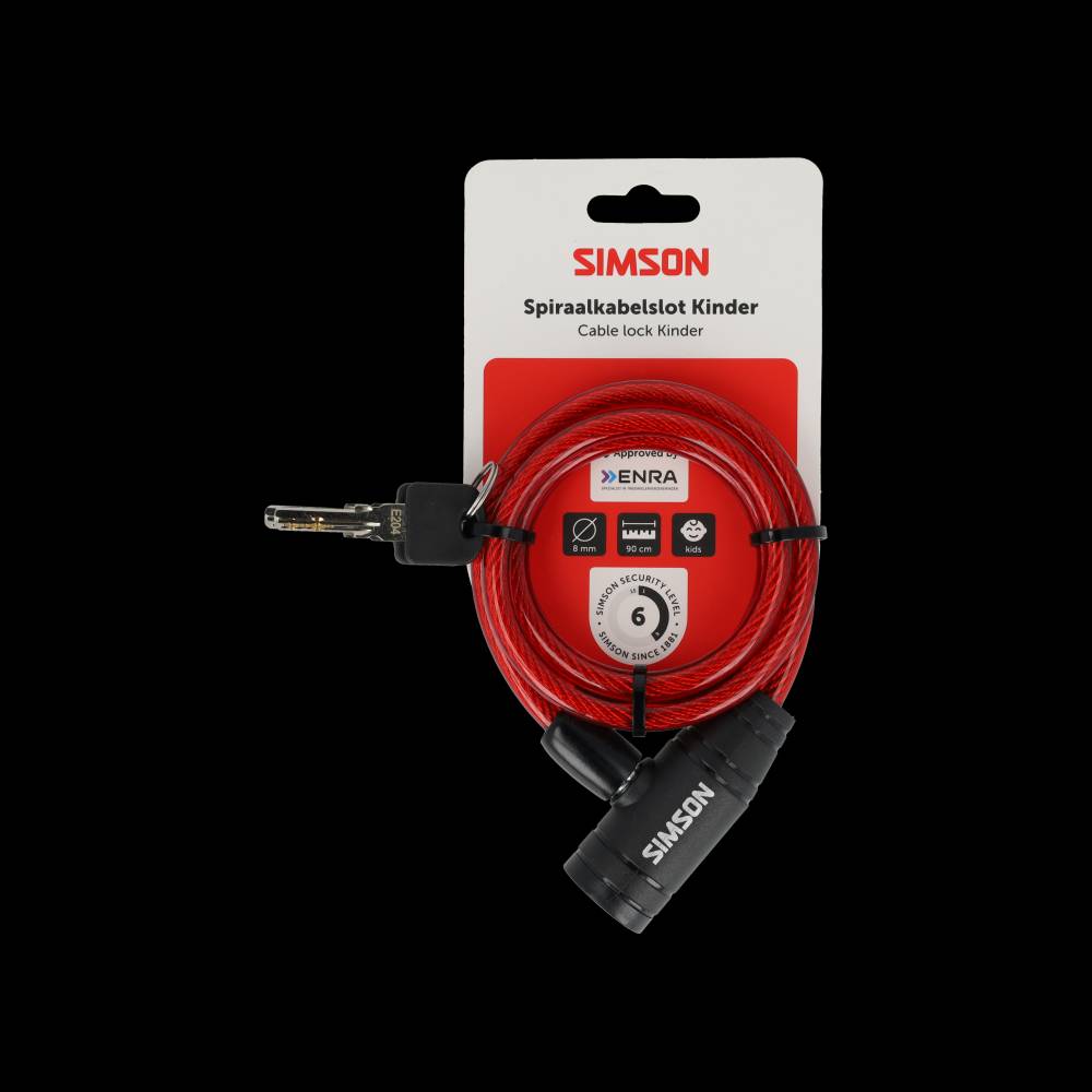Simson spiraalkabelslot voor kinderen - flexibel en kleurrijk - 8mm dikte - 90cm lengte - inclusief 2 sleutels