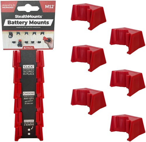Stealth montiert Batteriehalter für Milwaukee M12 | rot | 6 Stück - bm-mw12-red-6
