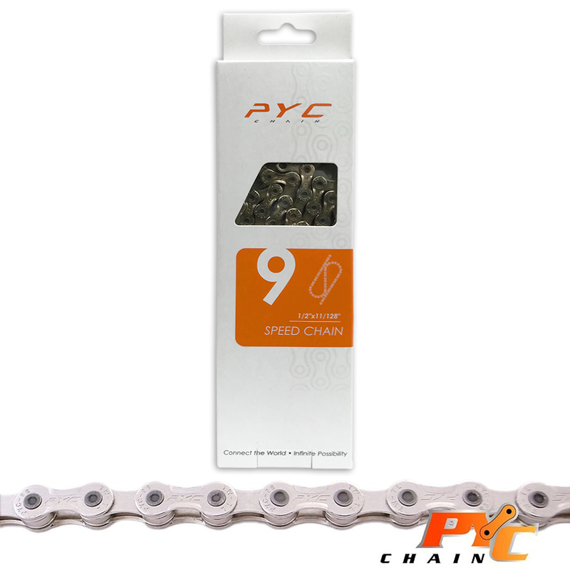 Cadena de bicicletas PYC 9V - Pins en forma de hongo - Chrome Harden Tech - 116 Schakels