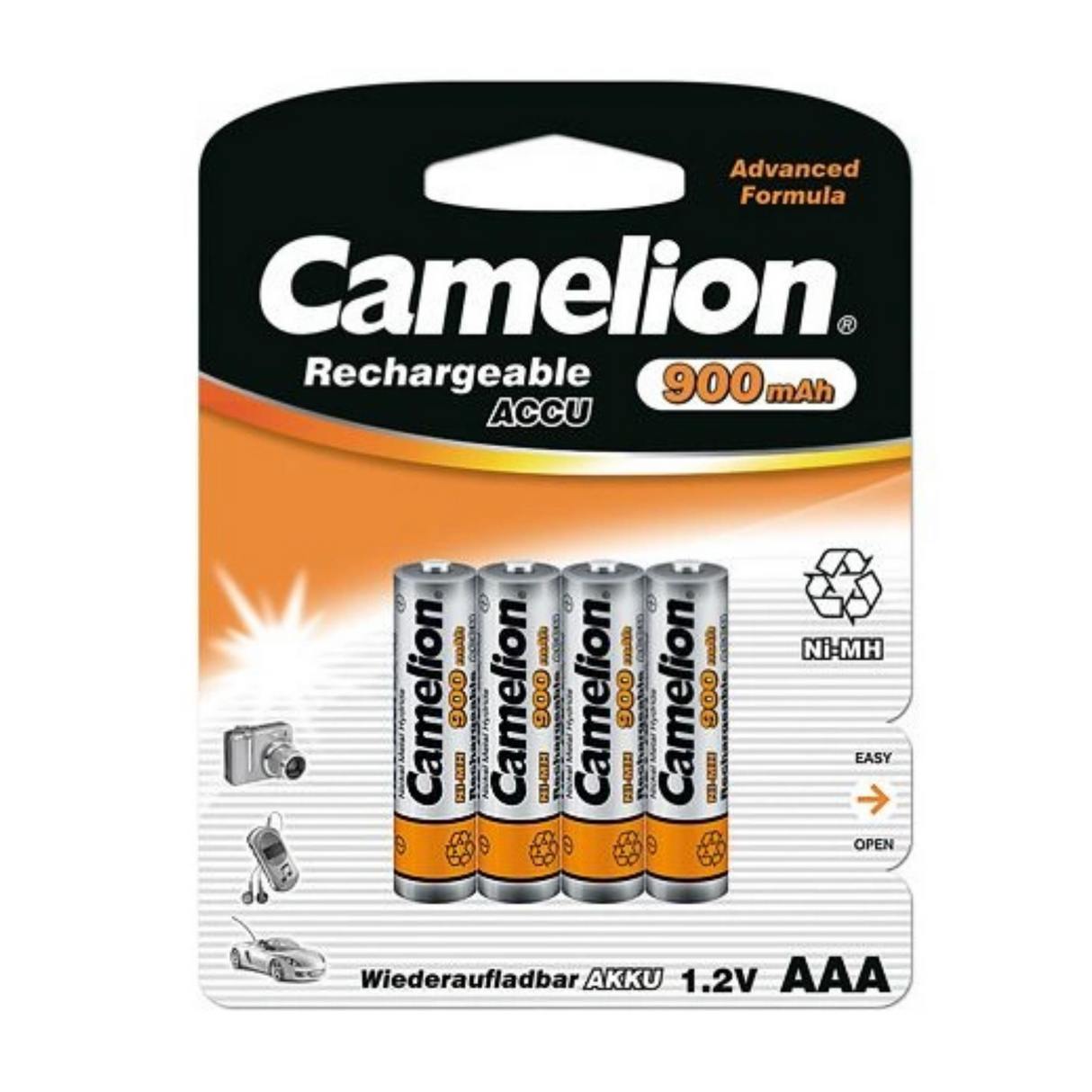 Camelion oppladbare AAA -batterier, NIMH 900mAh per 4