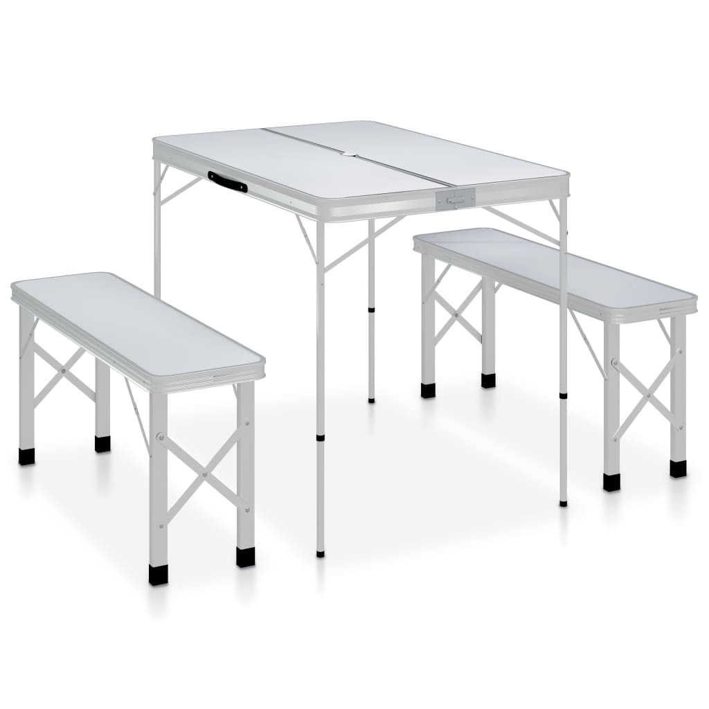 Vidaxl Camping -Tisch faltbar mit 2 Bänken Aluminiumweiß