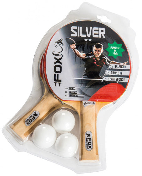 Fox TT Silber 2 Sterne Tischtennis Set 23 cm Holz Gummi 5-Stück