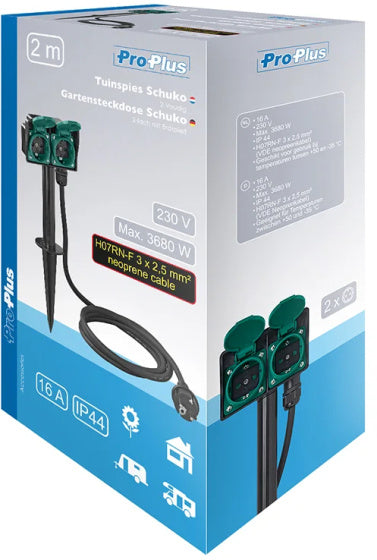 Proplus Garden Socket Schuko 2-fach 2 Meter 3x2,5 mm² Schwarz