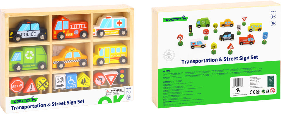 Toky Toy Holzfahrzeug und Verkehrsschild 16-teilig gesetzt