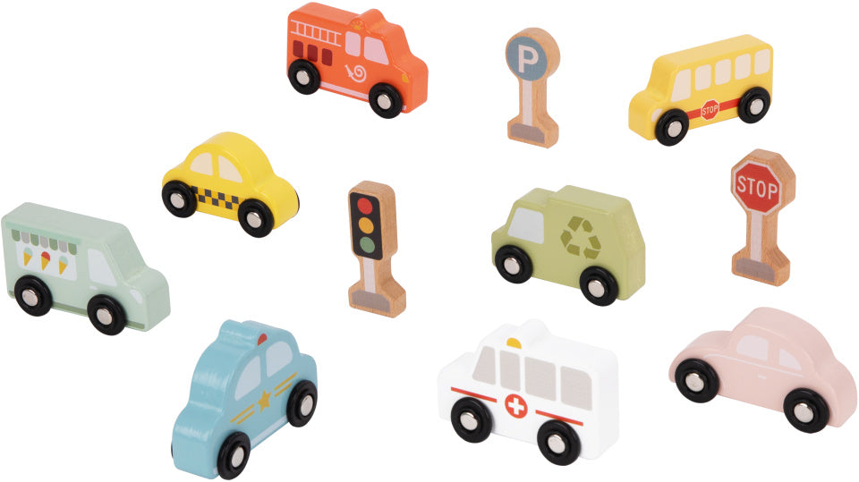 Toky Toy Holzfahrzeug und Verkehrsschild 12-teilig Set